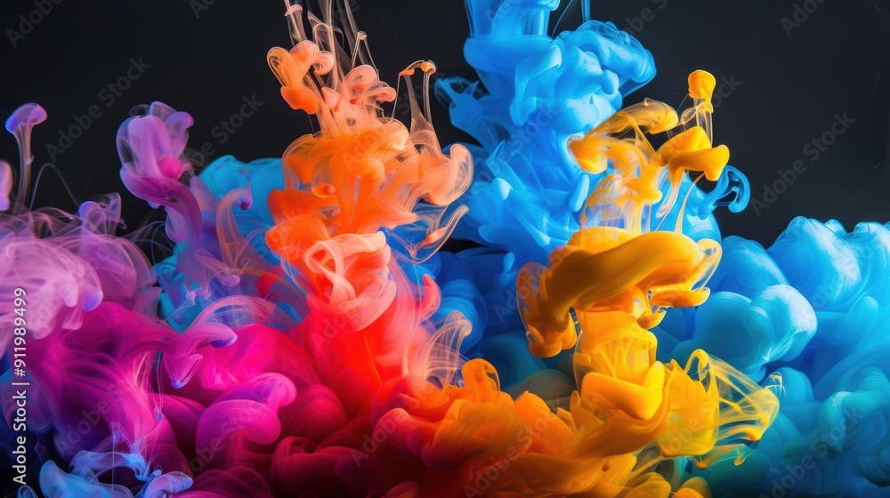 Poster vivid swirls of colorful ink underwater against a black background, creating a striking and dynamic 