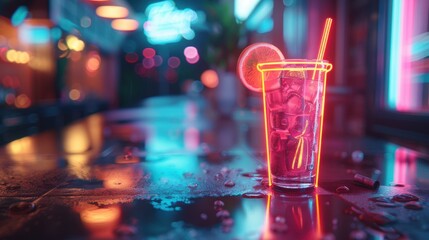 A glowing neon cocktail drink with a slice of citrus in a modern nightclub setting, highlighting nightlife and fun.