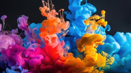 Fototapeta premium Vivid swirls of colorful ink underwater against a black background, creating a striking and dynamic abstract scene.