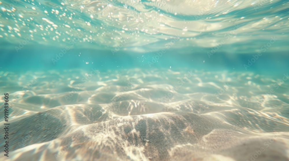 Poster view of underwater sand with sunlight patterns creating a serene and clear aquatic scene, highlighti