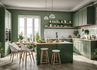 Green Modern kitchen design have dinning counter island and modern stool in room space with green plant,
