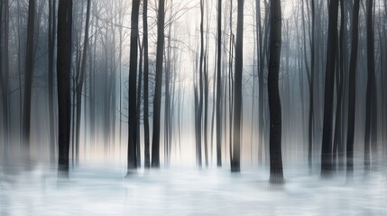 Fototapeta premium Mysterious foggy winter forest scene with tall, bare trees and snow-covered ground, creating an eerie and tranquil atmosphere.