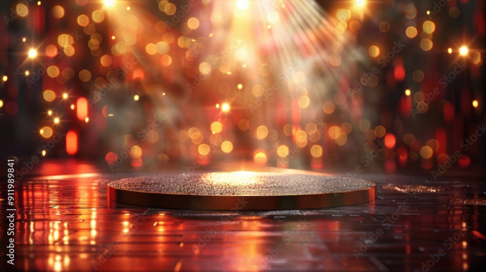 Aufkleber empty stage illuminated by a bright spotlight with sparkling bokeh background, ideal for performance