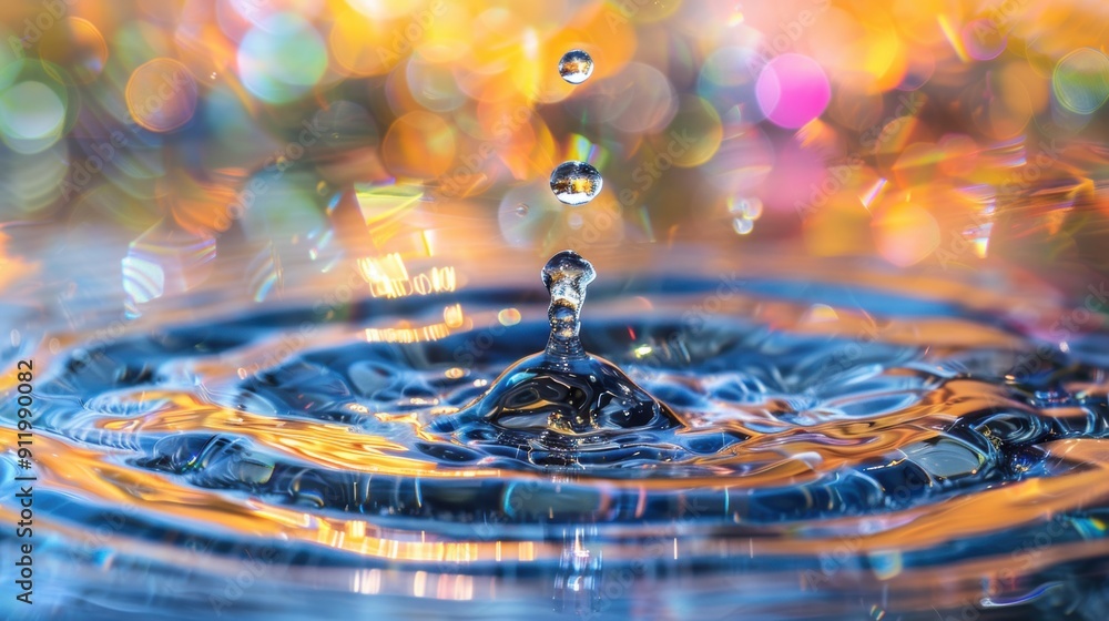 Poster a water drop captured mid-splash with colorful bokeh lights in the background, creating a mesmerizin