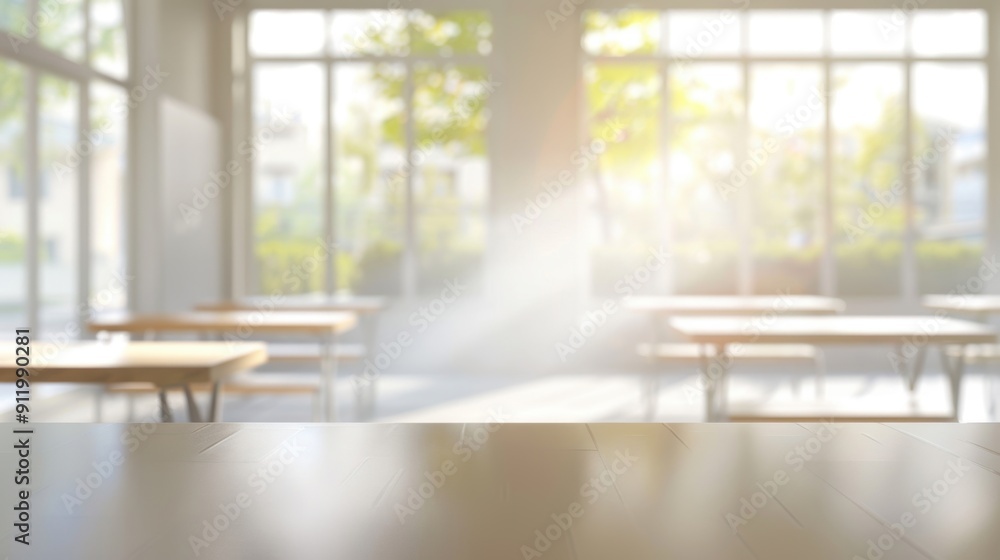 Aufkleber a bright, sunlit classroom with wooden tables and large windows, creating a warm and inviting learni
