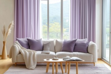 White Sofa with Purple Pillows and Throw Blanket in a Living Room with Large Window
