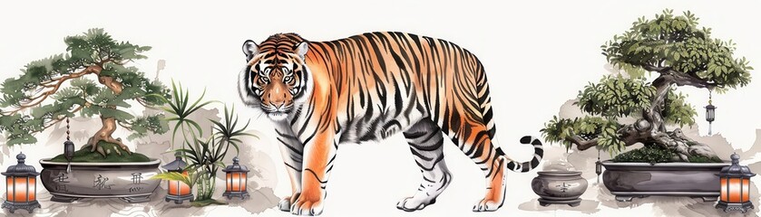 Fototapeta premium A tiger in a Zen garden, surrounded by bonsai trees and lanterns, Traditional Japanese, Black and white, Ink Drawing