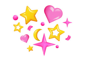 3d fireworks. Render. Doodle and plastic balls. Elements  Trendy modern design. Bubbles. Balloon. Set confetti, heart, star, circle. Serpentine. Geometric figure. Explosion firecrackers. Vibrant