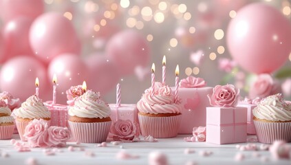 Close-up of pink frosted cupcakes with lit candles surrounded by gifts and decorations, perfect for a birthday celebration.