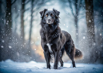 Naklejka premium A majestic black dog stands alone in a winter wonderland, its fur fluffed up against the cold, with snowflakes gently falling around it.
