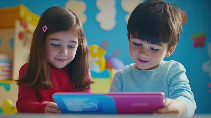 Two children are watching an educational video on a tablet, with a fun learning environment in the background.