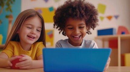 Two children are watching an educational video on a tablet, with a fun learning environment in the background.