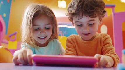 Two children are watching an educational video on a tablet, with a fun learning environment in the background.
