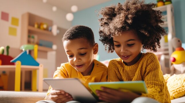 Two children are watching an educational video on a tablet, with a fun learning environment in the background.