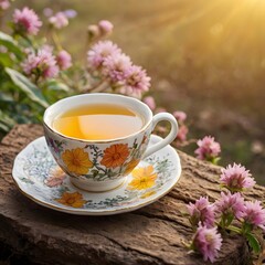 Fototapeta premium Beautiful morning scene. coffee cup on table amidst charming old city streets with colorful flowers