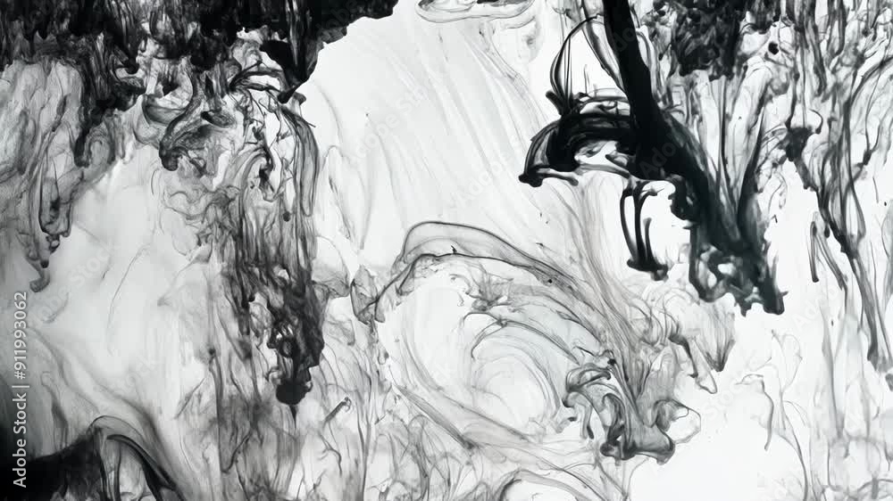 Poster watch as black ink gracefully disperses and flows across a pristine white background, creating mesme