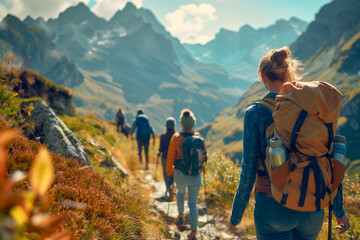 Obraz premium A group of healthy living friends doinghiking in the mountains