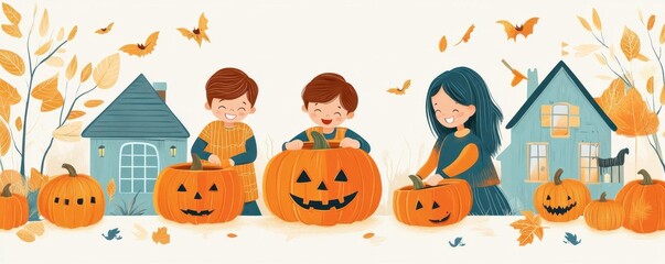 Fototapeta premium Illustration of three cheerful children carving pumpkins outdoors, surrounded by autumn leaves and Halloween decorations, creating a festive holiday atmosphere.