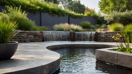 Water feature fountain waterfall as wide banner with copy space area for garden landscape design concepts. Ai generative