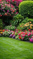 Fototapeta premium A lush garden filled with a variety of flowers and plants. The garden appears to be well maintained.