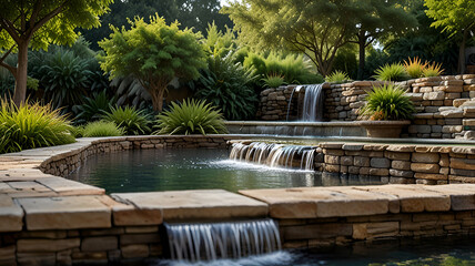 Water feature fountain waterfall as wide banner with copy space area for garden landscape design concepts. Ai generative