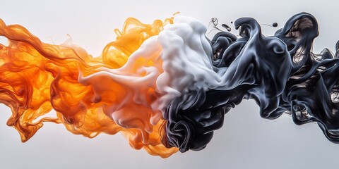 A dramatic combination of orange flames and black smoke swirling together against a white background
