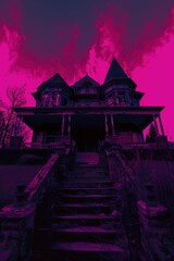 Obraz premium Spooky Victorian mansion stands under a dramatic magenta sky at night with stone stairs leading to the entrance.