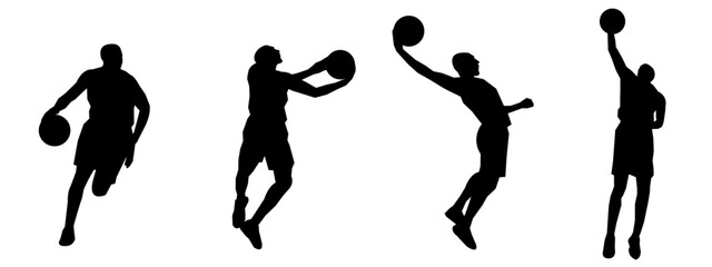 set of silhouettes of basketball players with different poses, gestures. isolated on white background. vector illustration.