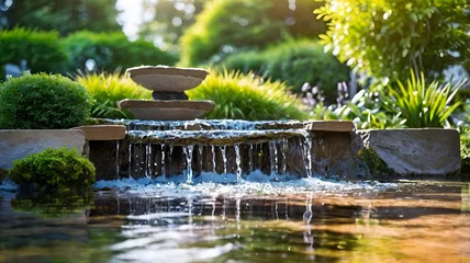 Tuinposter  Water feature fountain waterfall as wide banner with copy space area for garden landscape design concepts. Ai generative  © Tarikulsio
