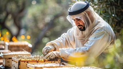 Beekeeper in Traditional Attire Inspecting Honeycomb
