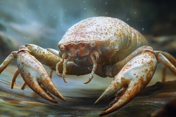 Detailed view of an alien microscopic crustacean, swimming in a strange, thick liquid environment. High-resolution, detailed textures, crisp focus