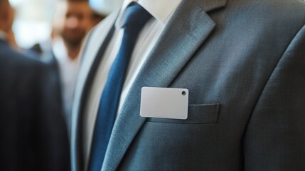 Close-up of a Businessman's Suit Jacket with a Blank Name Tag