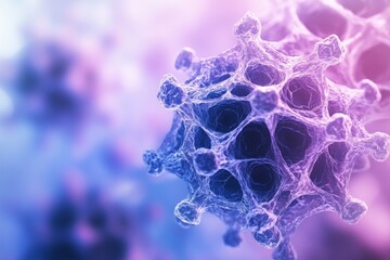 Macro shot of an alien virus with a unique geometric structure, interacting with host cells. High-resolution, detailed textures, crisp focus