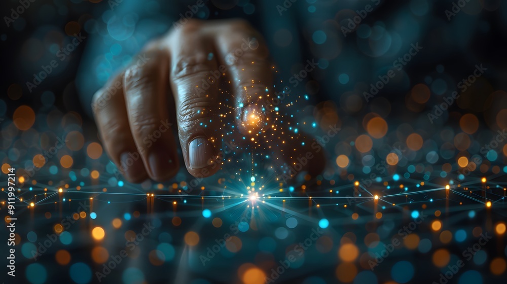 Poster a hand is pointing at a glowing star in a dark background. concept of wonder and curiosity, as if th