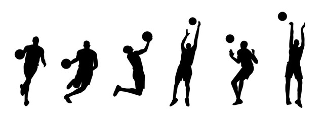 set of silhouettes of basketball players with different poses, gestures. isolated on white background. vector illustration.