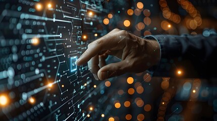 A hand pointing at a computer screen with a blue button. Concept of technology and the importance of using it to make decisions