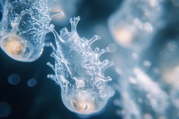 Obraz premium Macro shot of an alien plankton with transparent bodies, floating in an alien sea. High-resolution, detailed textures, crisp focus