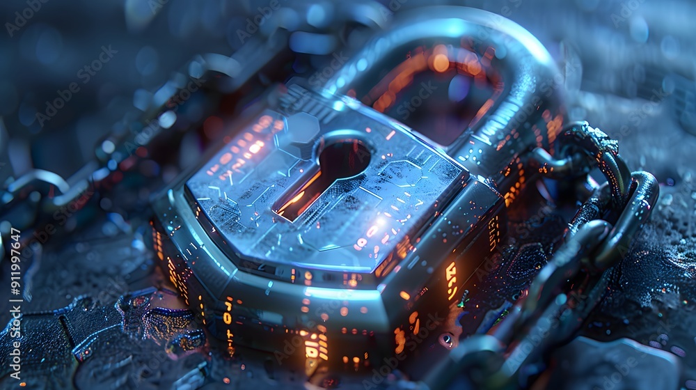 Poster a lock with a keyhole is shown in a blue and orange color scheme. the lock is surrounded by a chain,