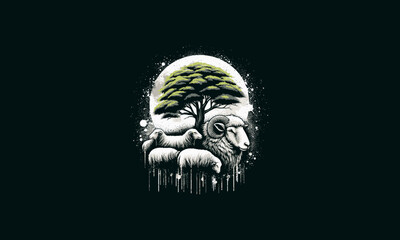 sheeps with big tree and splash background vector artwork design