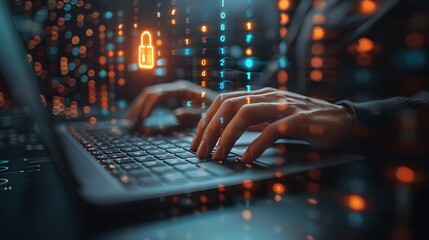 A person is typing on a laptop with a glowing lock symbol on the screen. Concept of security and protection, as the lock symbolizes a secure system or password