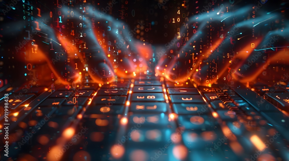 Poster a keyboard with a bunch of numbers and letters on it. the keyboard is lit up with bright colors and 