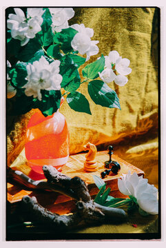Stil life with White Jasmine and chess.