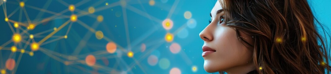 Fototapeta premium Young woman looking forward with a glowing digital neural network overlay on a blue background, representing artificial intelligence and connectivity.