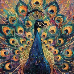 Fototapeta premium Vibrant peacock displaying its stunning feathers in a colorful, artistic representation, symbolizing beauty and grace.