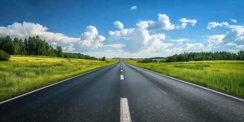 Empty Asphalt Road Leading Towards Green Fields and Blue Sky