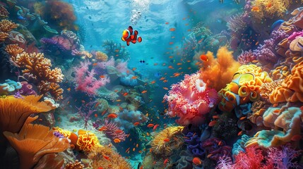 Obraz premium Vibrant underwater scene featuring coral reefs and colorful fish in a serene ocean environment.
