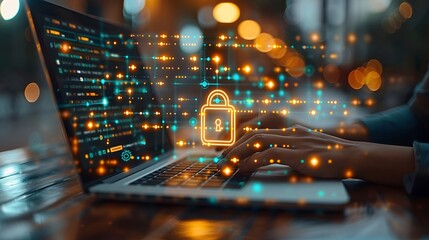 A person is typing on a laptop with a glowing lock symbol on the screen. Concept of security and protection, as the person is working on something important or confidential