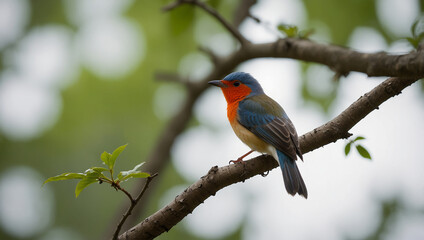Naklejka premium A small, brown bird with a long tail is perched on a branch. The background is blurred green foliage.