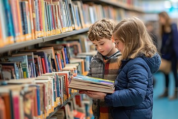 Children Reading Books in a Library - Kids Exploring Literature Together