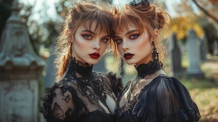 Naklejka premium Gothic Twins in Dark Outfits and Makeup in Cemetery Setting during Autumn